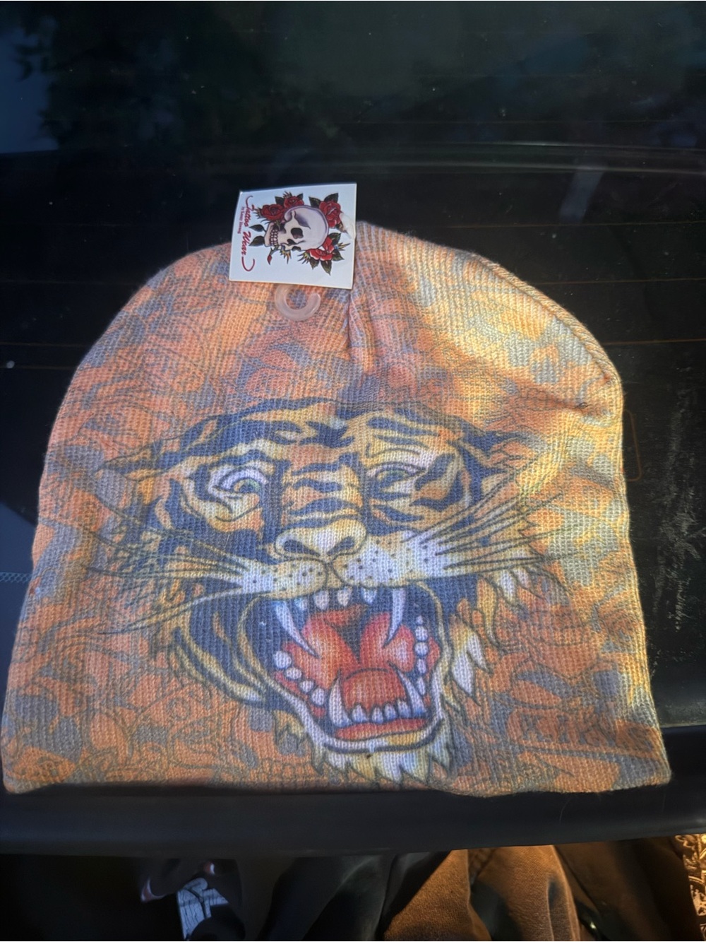 ED HARDY (LOOK ALIKE) deadstock Orange Tiger Print Knit Beanie